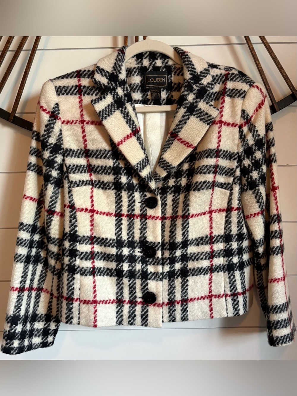 Vintage 90’s Louben Red-Cream-Black Plaid (Similar to Burberry)Cropped Jacket(8) - Picture 9 of 11